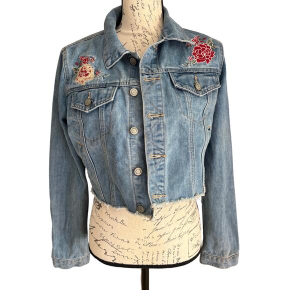 Forever 21 Cropped Jean Jacket Embroidered Flowers SIZE MED - Picture 1 of 10